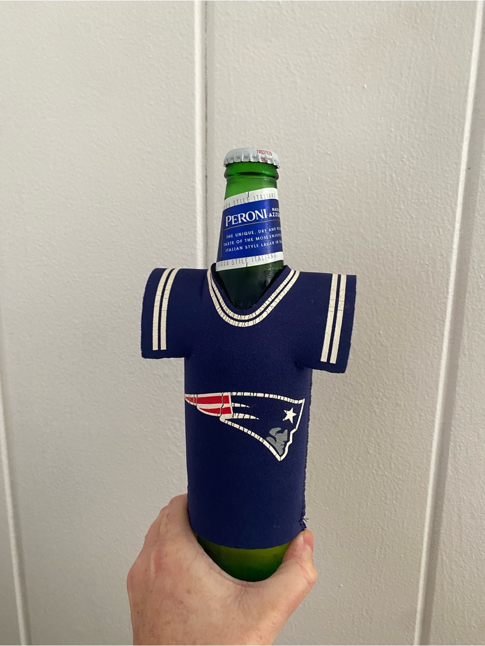 New England Patriots Navy Bottle Koozie Jersey